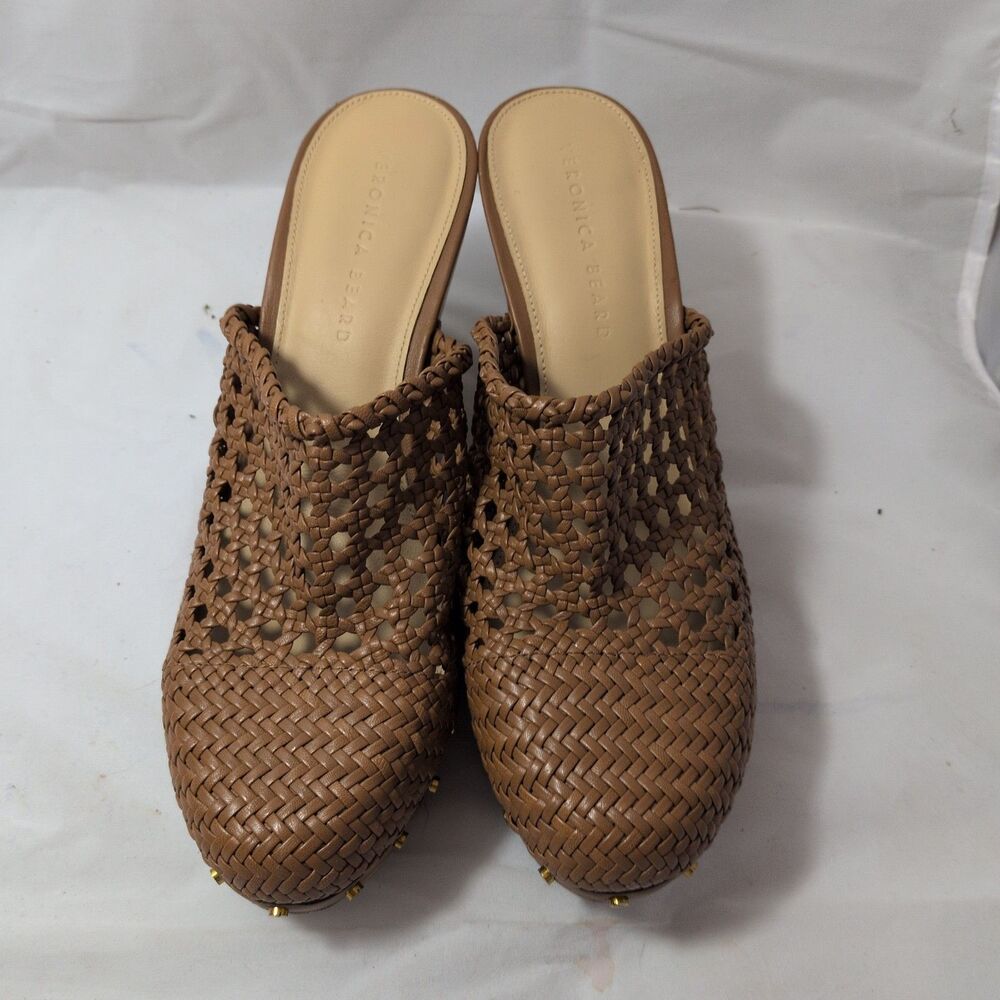 Veronica Beard Hardie Perforated Leather Studded Clogs Tan Gold Size 10